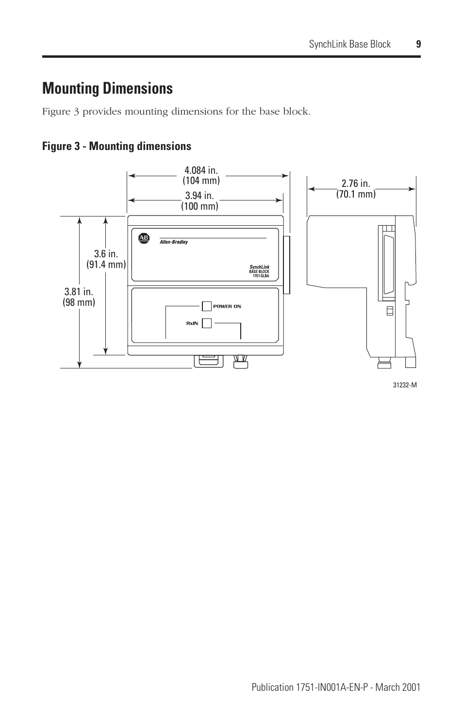 Mounting dimensions | Rockwell Automation 1751 SynchLink Base Block Installation Instructions User Manual | Page 9 / 16