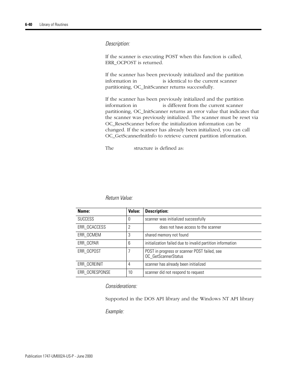 Description, Return value: considerations, Example | Rockwell Automation 1747-PCIS API Software -  Open Controller User Manual | Page 100 / 174