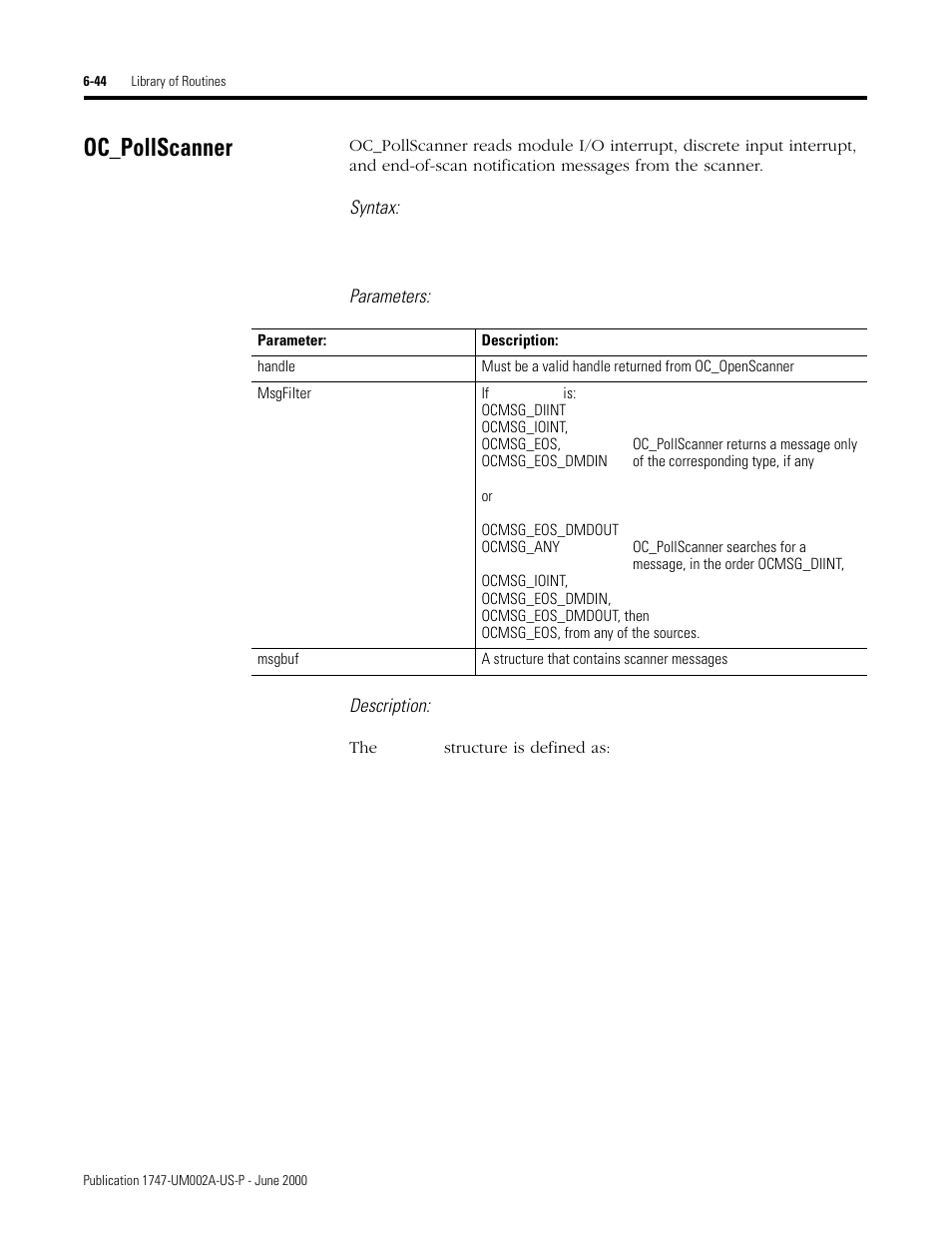 Oc_pollscanner, Oc_pollscanner -44, Syntax | Parameters: description | Rockwell Automation 1747-PCIS API Software -  Open Controller User Manual | Page 104 / 174