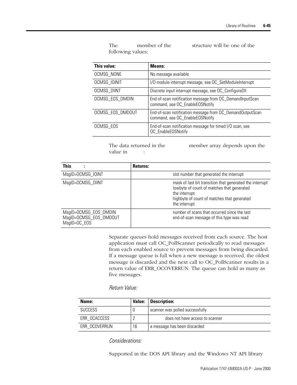 Return value: considerations | Rockwell Automation 1747-PCIS API Software -  Open Controller User Manual | Page 105 / 174