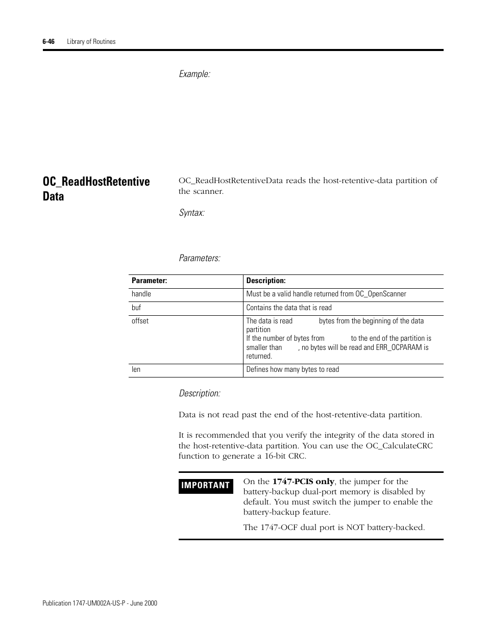 Oc_readhostretentive data, Oc_readhostretentivedata -46, Example | Syntax, Parameters: description | Rockwell Automation 1747-PCIS API Software -  Open Controller User Manual | Page 106 / 174