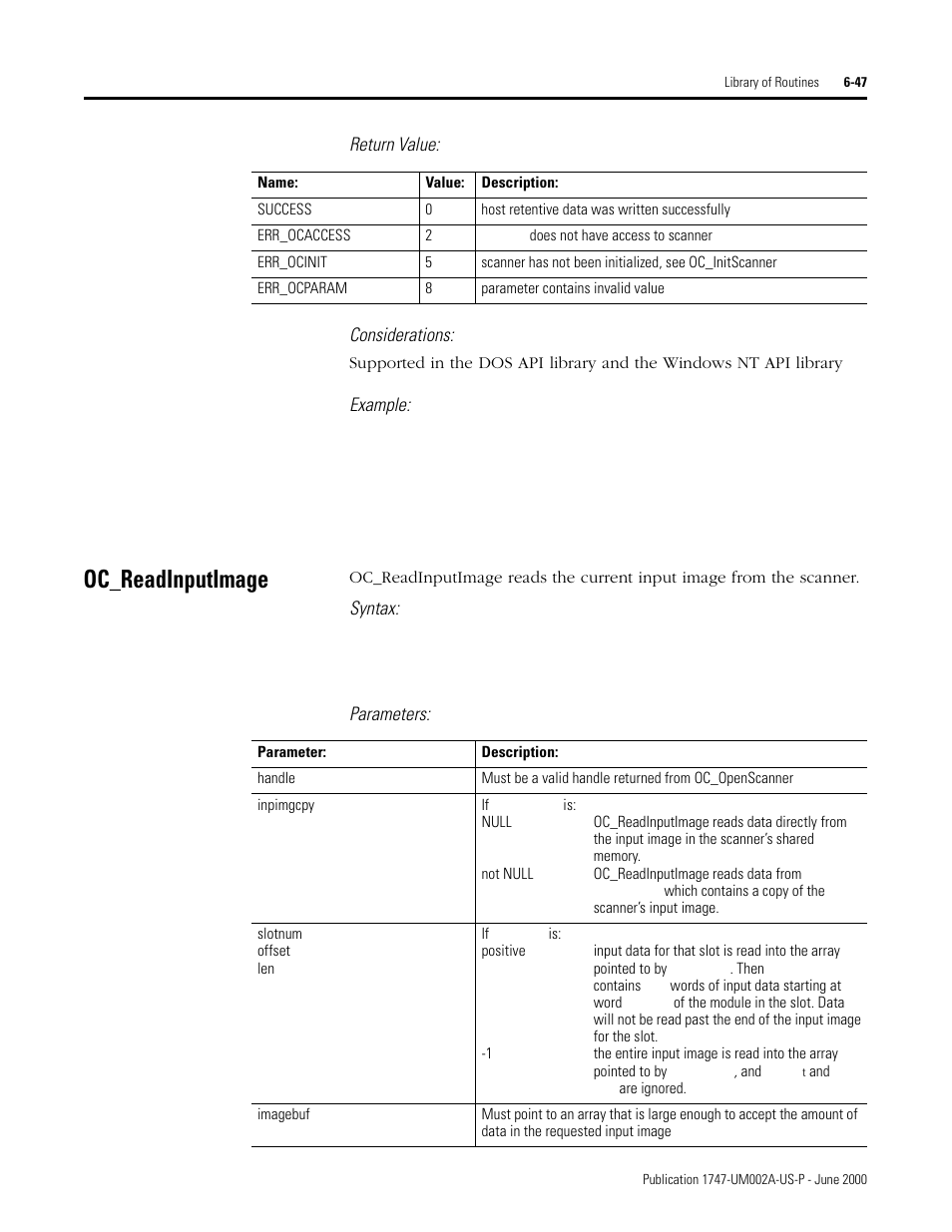 Oc_readinputimage, Oc_readinputimage -47, Return value: considerations | Example, Syntax, Parameters | Rockwell Automation 1747-PCIS API Software -  Open Controller User Manual | Page 107 / 174