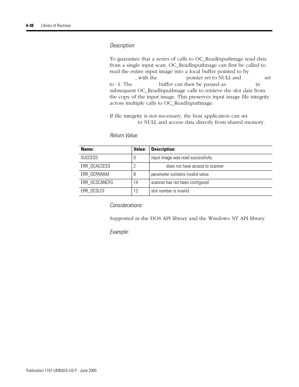 Description, Return value: considerations, Example | Rockwell Automation 1747-PCIS API Software -  Open Controller User Manual | Page 108 / 174