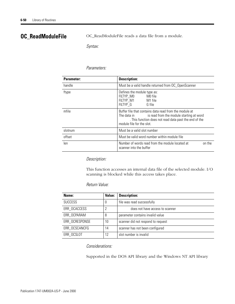 Oc_readmodulefile, Oc_readmodulefile -50, Syntax | Parameters: description, Return value: considerations | Rockwell Automation 1747-PCIS API Software -  Open Controller User Manual | Page 110 / 174