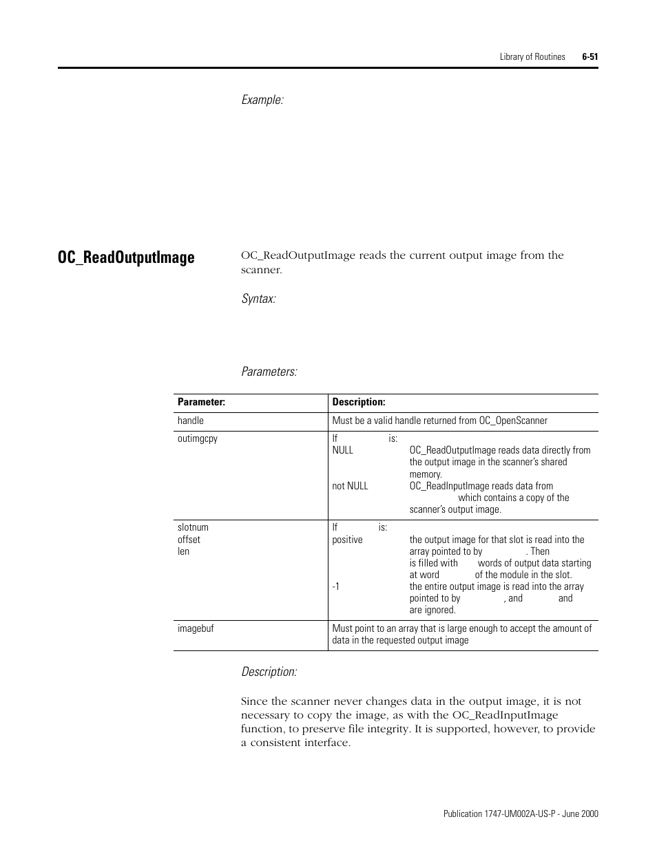 Oc_readoutputimage, Oc_readoutputimage -51, Example | Syntax, Parameters: description | Rockwell Automation 1747-PCIS API Software -  Open Controller User Manual | Page 111 / 174