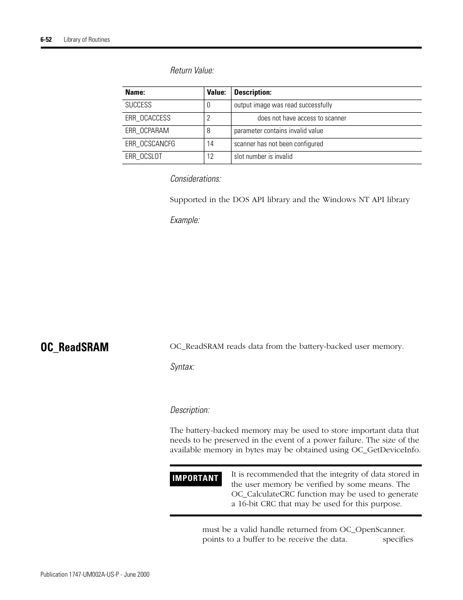 Oc_readsram, Oc_readsram -52 | Rockwell Automation 1747-PCIS API Software -  Open Controller User Manual | Page 112 / 174