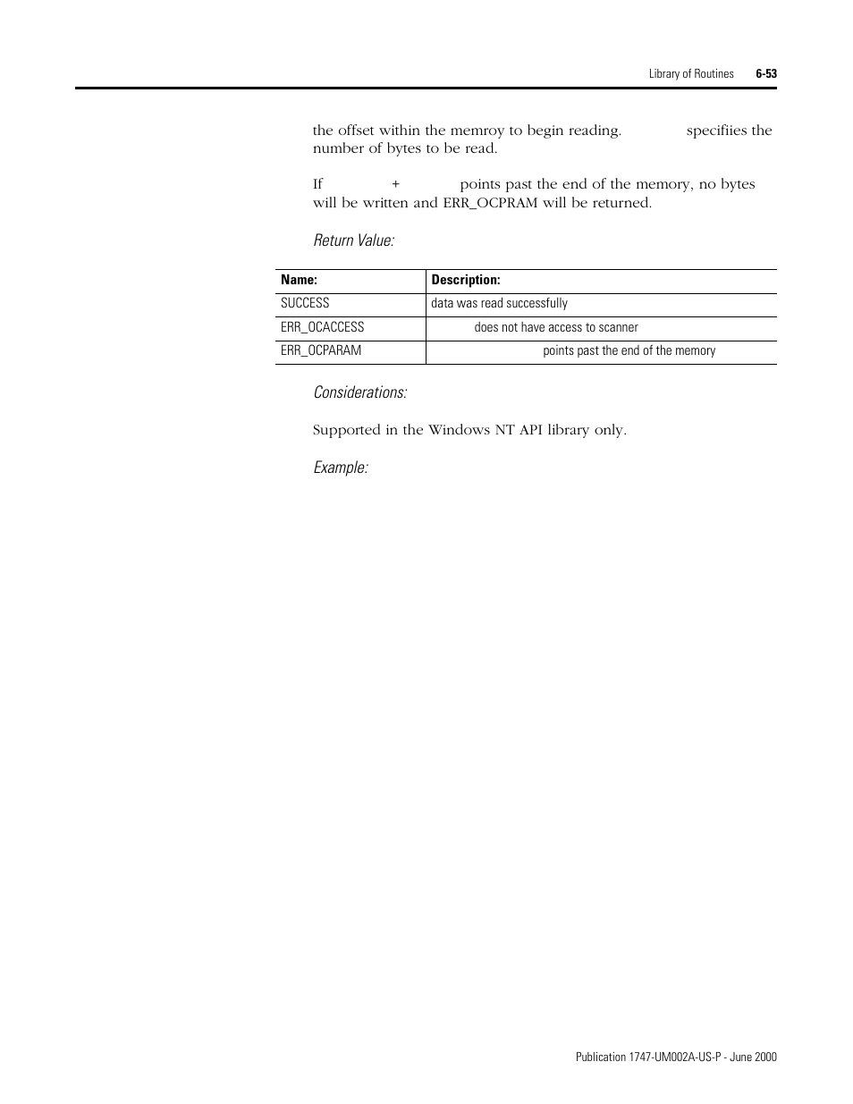 Return value: considerations, Example | Rockwell Automation 1747-PCIS API Software -  Open Controller User Manual | Page 113 / 174