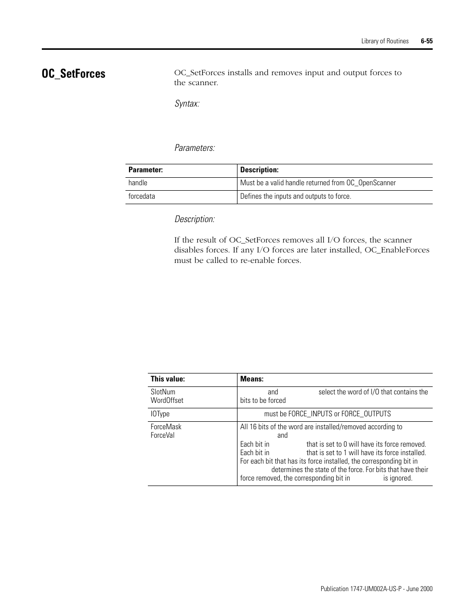 Oc_setforces, Oc_setforces -55, Syntax | Parameters: description | Rockwell Automation 1747-PCIS API Software -  Open Controller User Manual | Page 115 / 174