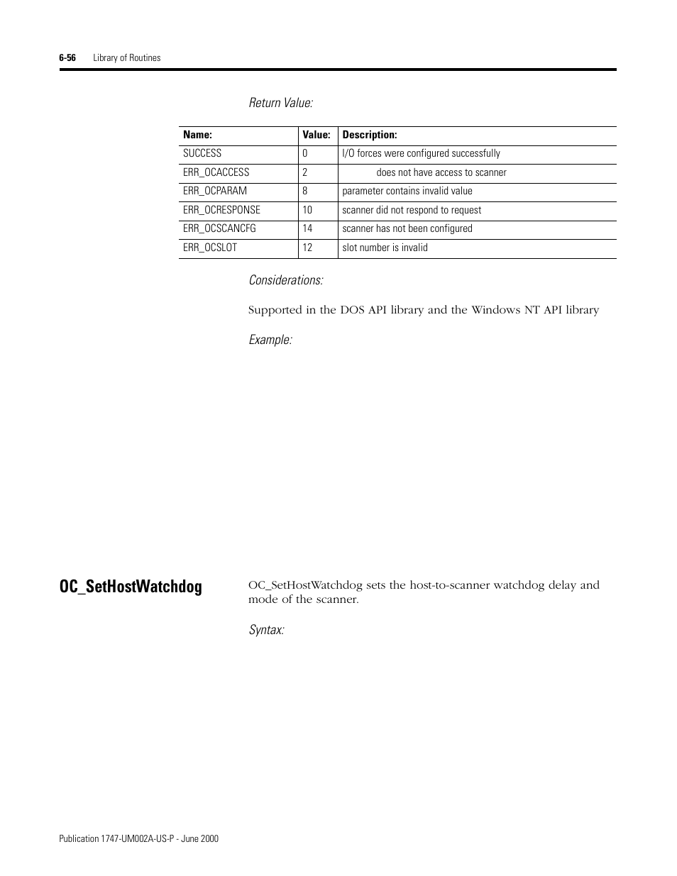 Oc_sethostwatchdog, Oc_sethostwatchdog -56, Return value: considerations | Example, Syntax | Rockwell Automation 1747-PCIS API Software -  Open Controller User Manual | Page 116 / 174