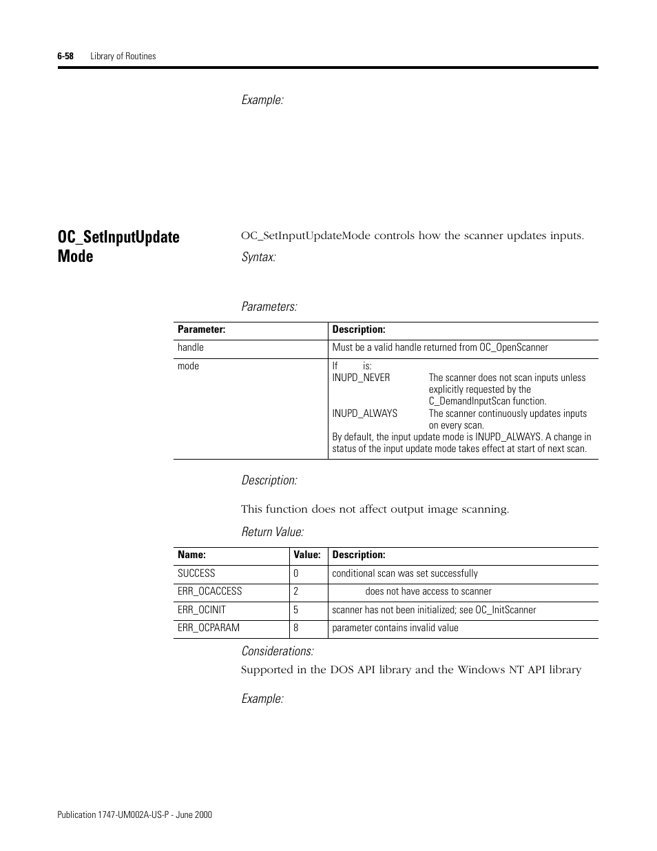 Oc_setinputupdate mode, Oc_setinputupdatemode -58, Example | Syntax, Parameters: description, Return value: considerations | Rockwell Automation 1747-PCIS API Software -  Open Controller User Manual | Page 118 / 174