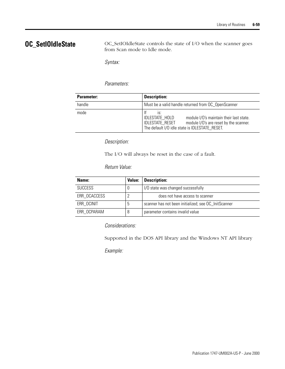 Oc_setioidlestate, Oc_setioidlestate -59, Syntax | Parameters: description, Return value: considerations, Example | Rockwell Automation 1747-PCIS API Software -  Open Controller User Manual | Page 119 / 174