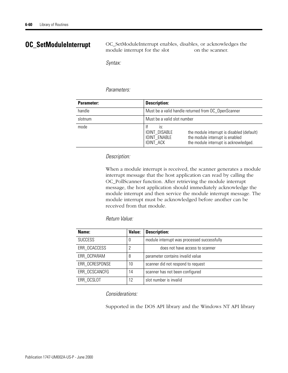 Oc_setmoduleinterrupt, Oc_setmoduleinterrupt -60, Syntax | Parameters: description, Return value: considerations | Rockwell Automation 1747-PCIS API Software -  Open Controller User Manual | Page 120 / 174