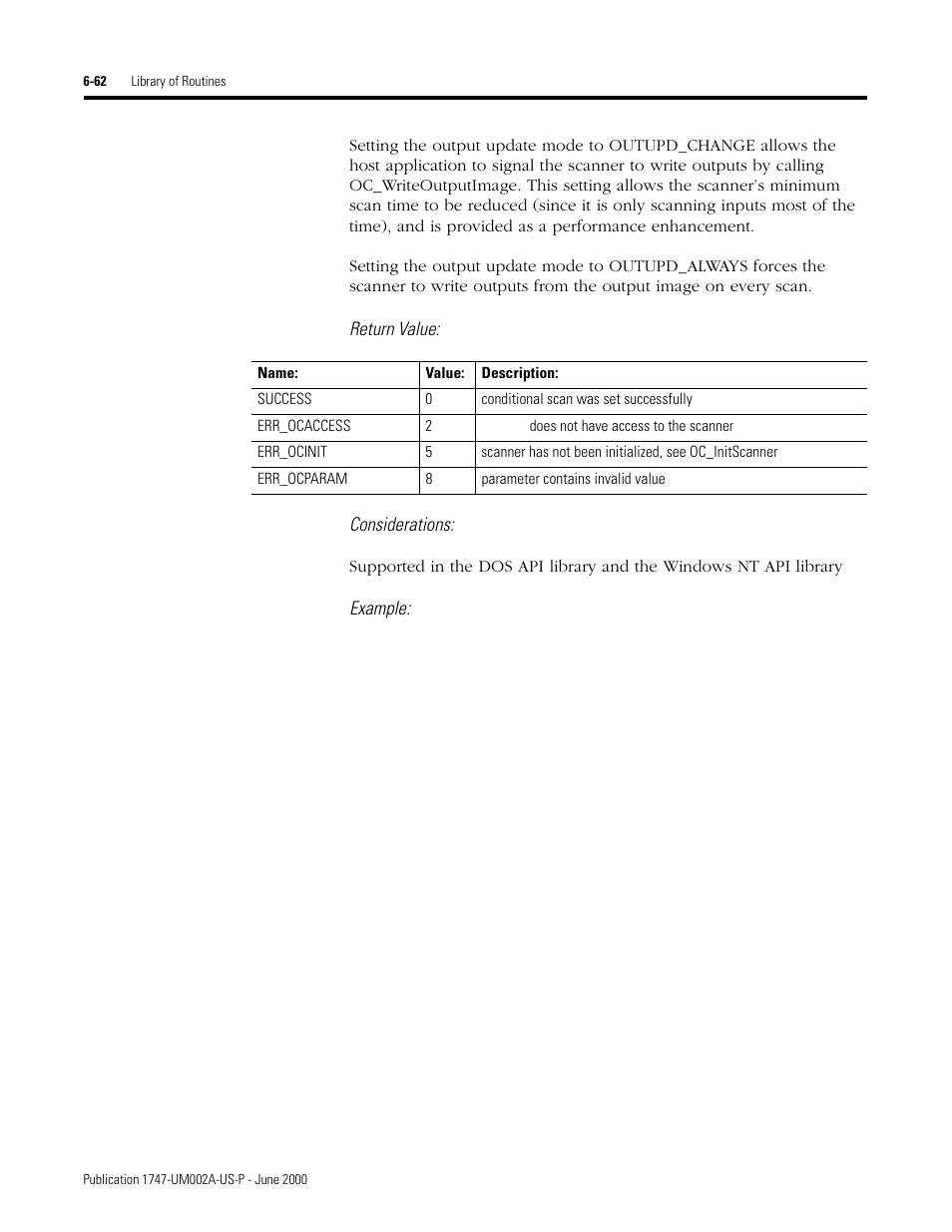 Return value: considerations, Example | Rockwell Automation 1747-PCIS API Software -  Open Controller User Manual | Page 122 / 174