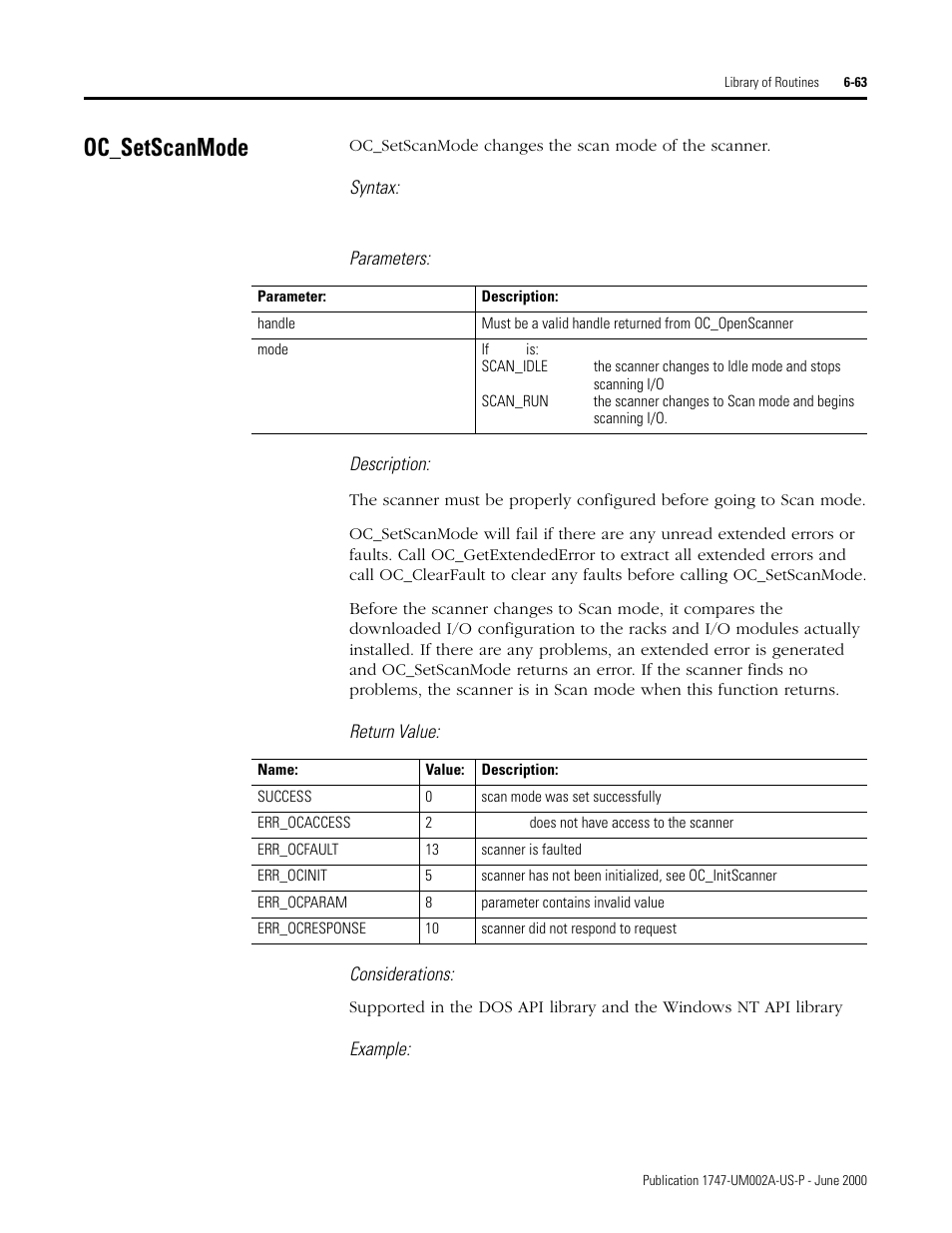 Oc_setscanmode, Oc_setscanmode -63, Syntax | Parameters: description, Return value: considerations, Example | Rockwell Automation 1747-PCIS API Software -  Open Controller User Manual | Page 123 / 174