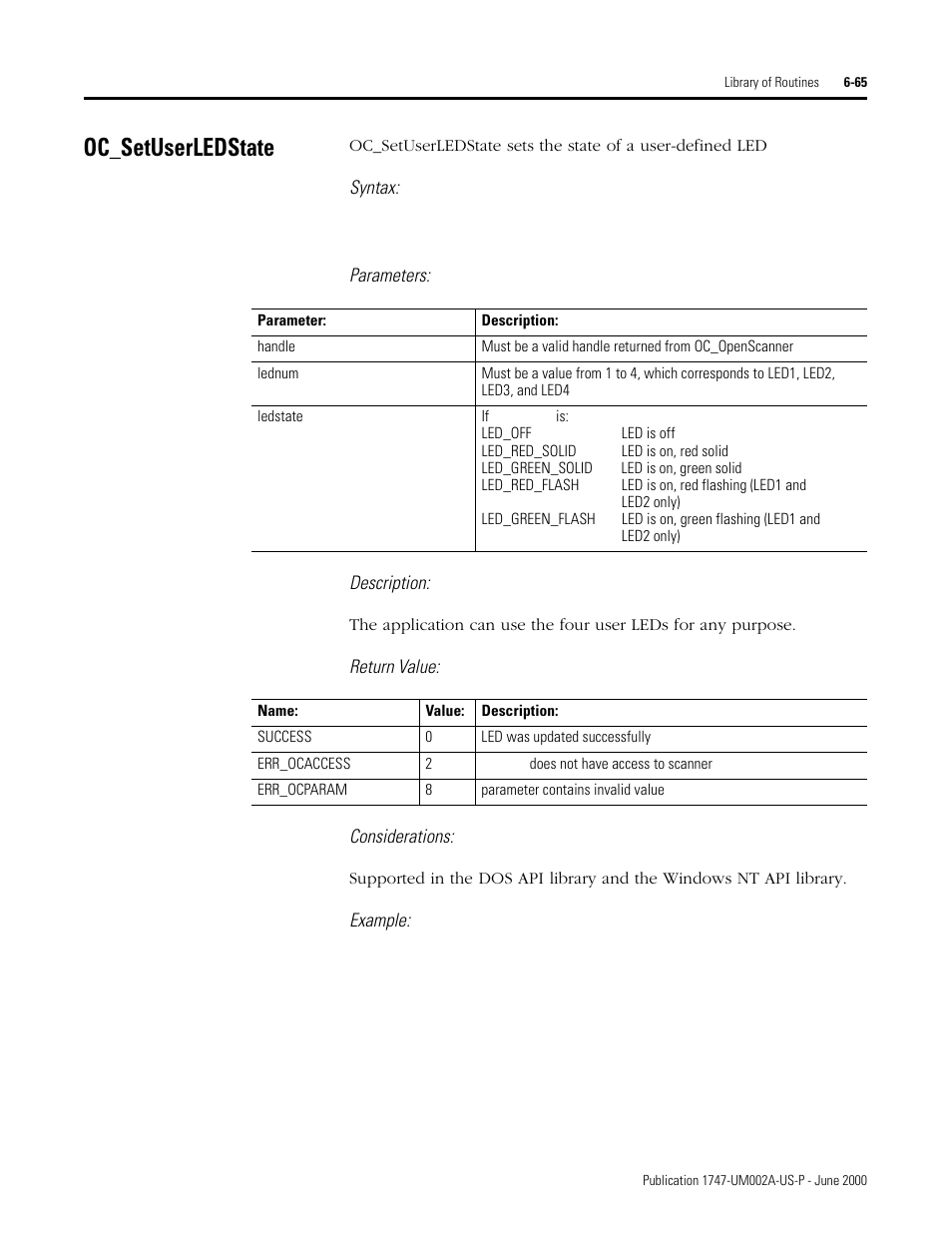 Oc_setuserledstate, Oc_setuserledstate -65, Syntax | Parameters: description, Return value: considerations, Example | Rockwell Automation 1747-PCIS API Software -  Open Controller User Manual | Page 125 / 174