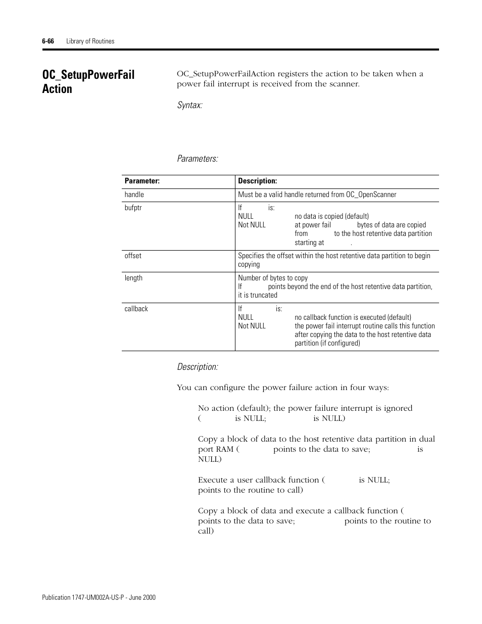 Oc_setuppowerfail action, Oc_setuppowerfailaction -66 | Rockwell Automation 1747-PCIS API Software -  Open Controller User Manual | Page 126 / 174