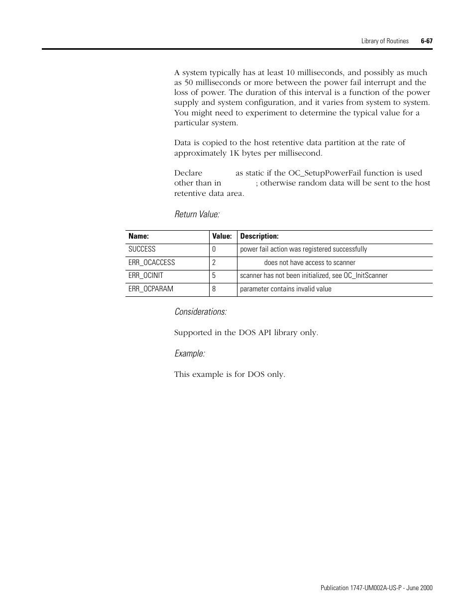 Return value: considerations, Example | Rockwell Automation 1747-PCIS API Software -  Open Controller User Manual | Page 127 / 174