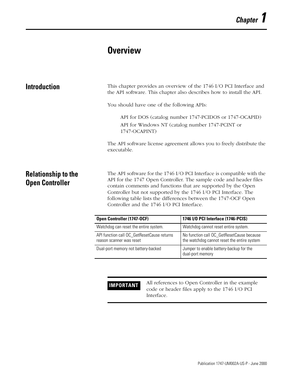 1 - overview, Introduction, Relationship to the open controller | Chapter 1, Overview, Chapter | Rockwell Automation 1747-PCIS API Software -  Open Controller User Manual | Page 13 / 174