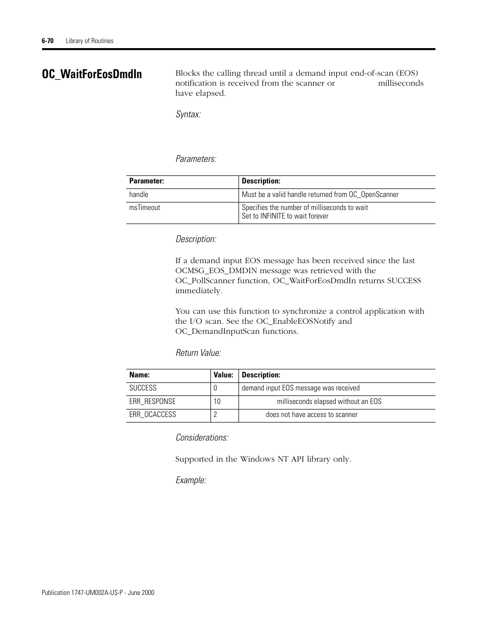 Oc_waitforeosdmdin, Oc_waitforeosdmdin -70, Syntax | Parameters: description, Return value: considerations, Example | Rockwell Automation 1747-PCIS API Software -  Open Controller User Manual | Page 130 / 174