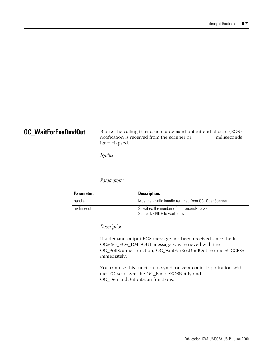 Oc_waitforeosdmdout, Oc_waitforeosdmdout -71, Syntax | Parameters: description | Rockwell Automation 1747-PCIS API Software -  Open Controller User Manual | Page 131 / 174