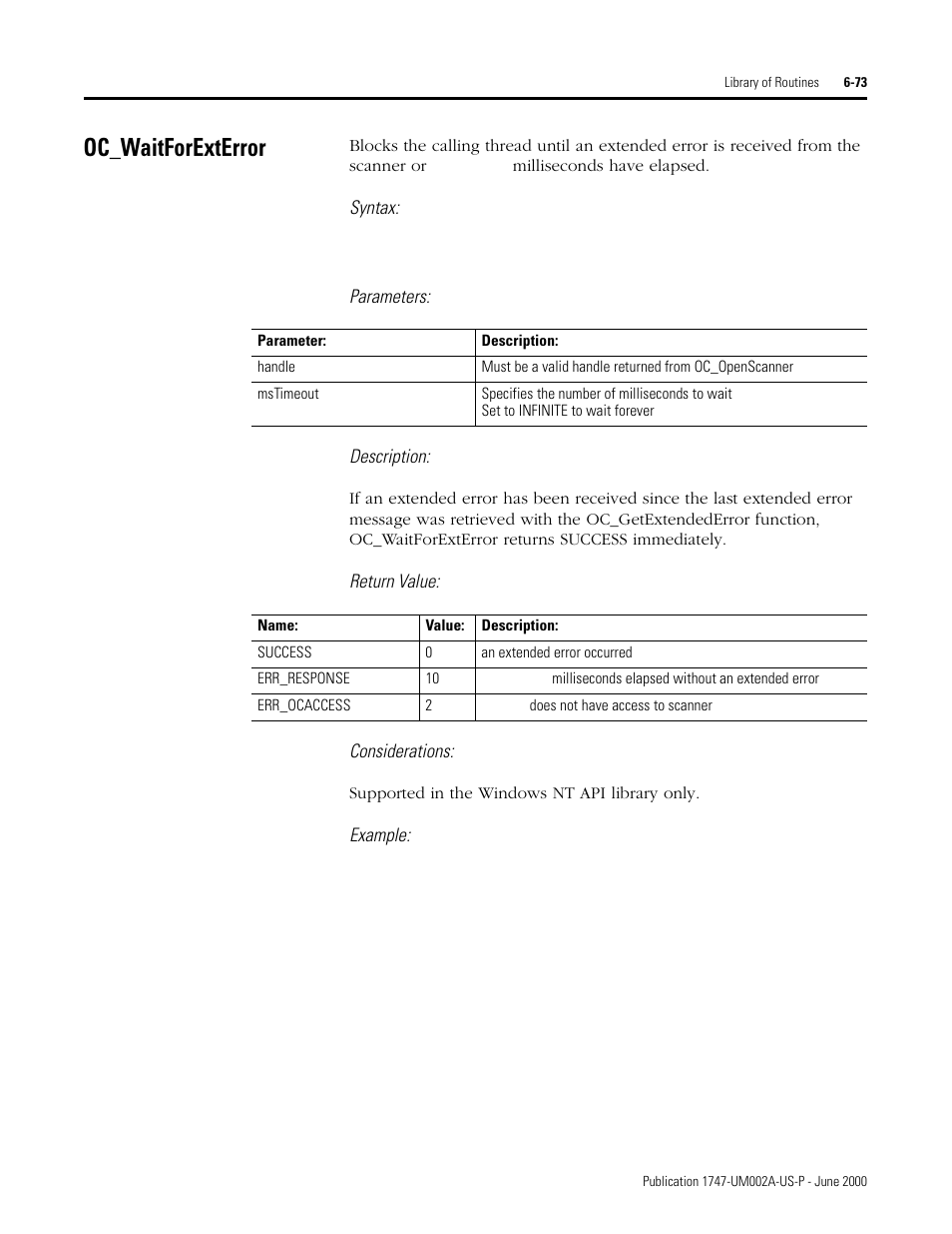 Oc_waitforexterror, Oc_waitforexterror -73, Syntax | Parameters: description, Return value: considerations, Example | Rockwell Automation 1747-PCIS API Software -  Open Controller User Manual | Page 133 / 174