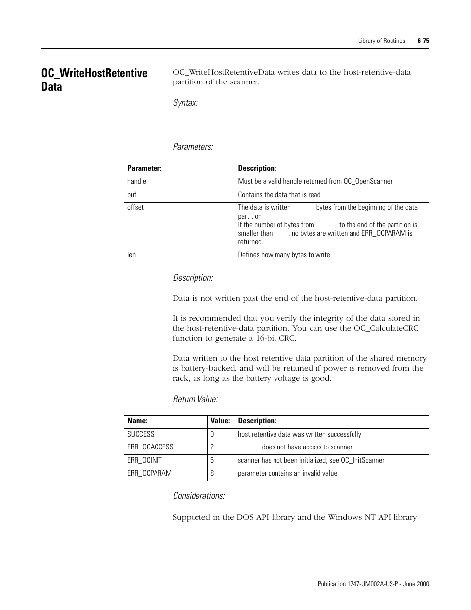 Oc_writehostretentive data, Oc_writehostretentivedata -75, Syntax | Parameters: description, Return value: considerations | Rockwell Automation 1747-PCIS API Software -  Open Controller User Manual | Page 135 / 174