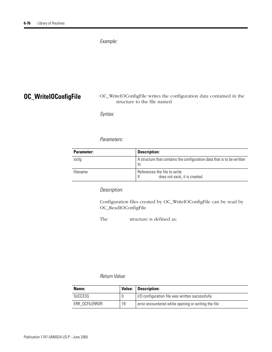 Oc_writeioconfigfile, Oc_writeioconfigfile -76, Example | Syntax, Parameters: description, Return value | Rockwell Automation 1747-PCIS API Software -  Open Controller User Manual | Page 136 / 174