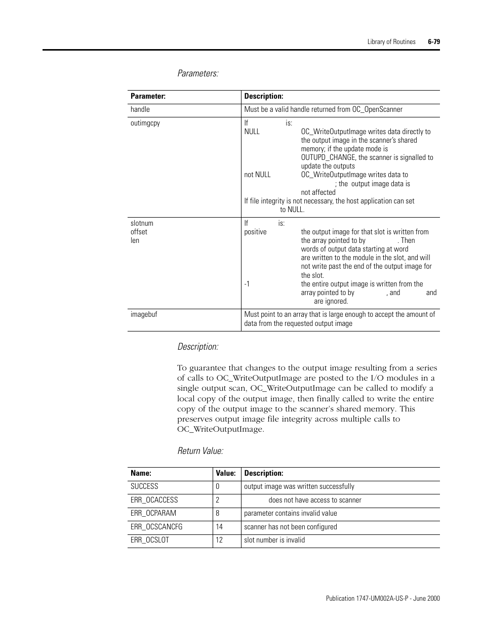 Parameters: description, Return value | Rockwell Automation 1747-PCIS API Software -  Open Controller User Manual | Page 139 / 174