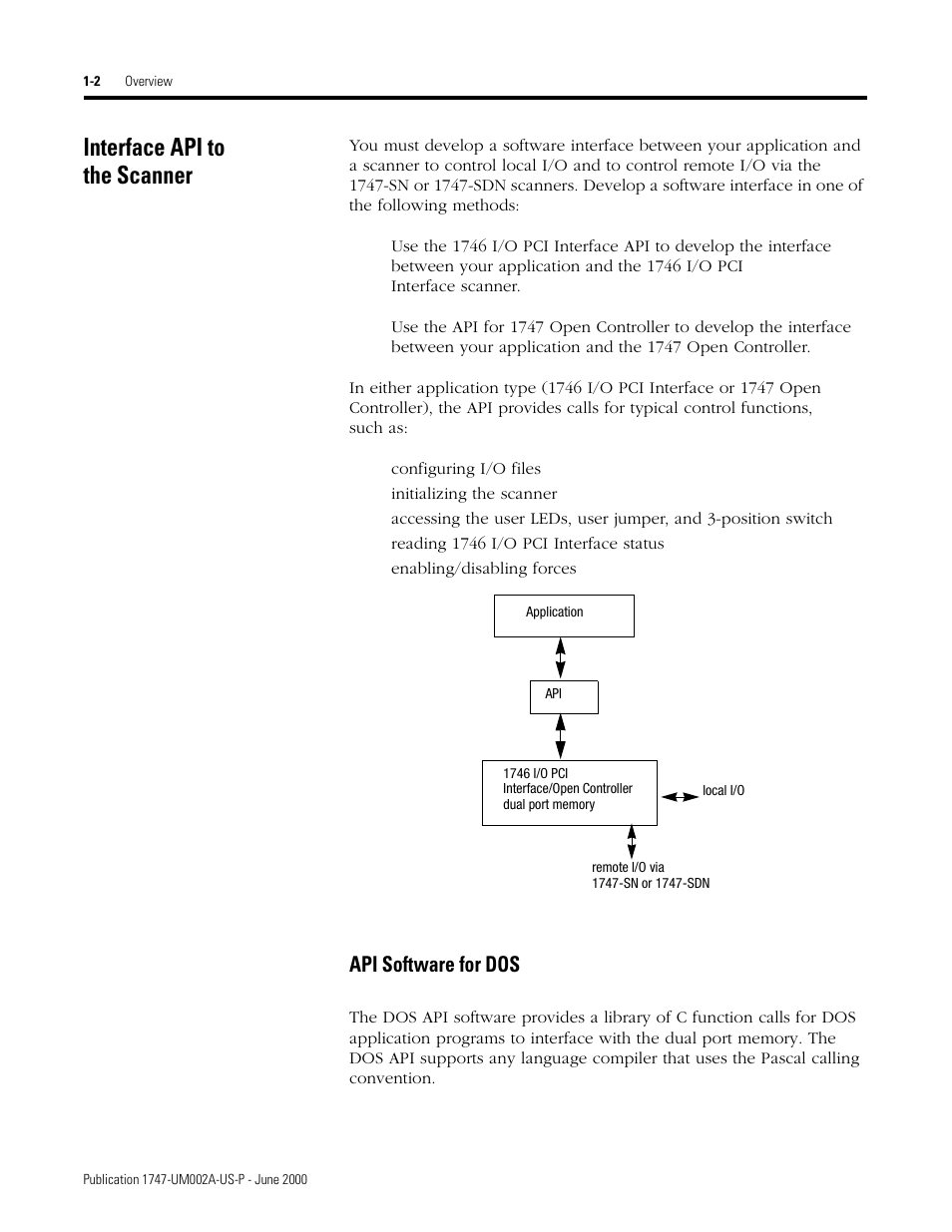 Interface api to the scanner, Interface api to the scanner -2, Api software for dos -2 | Api software for dos | Rockwell Automation 1747-PCIS API Software -  Open Controller User Manual | Page 14 / 174