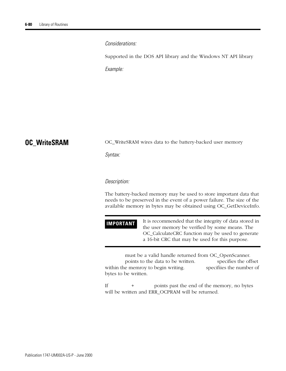 Oc_writesram, Oc_writesram -80 | Rockwell Automation 1747-PCIS API Software -  Open Controller User Manual | Page 140 / 174