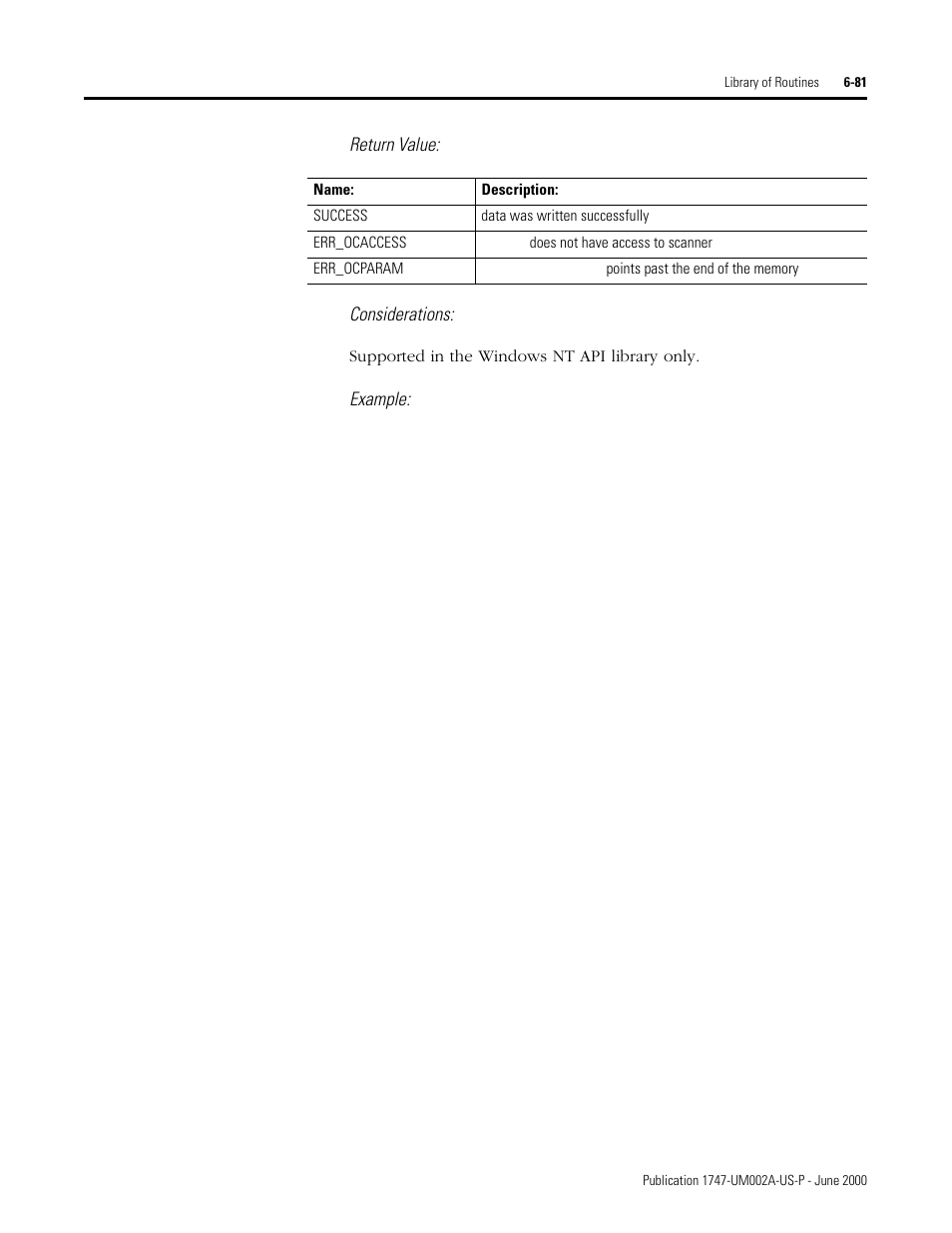 Return value: considerations, Example | Rockwell Automation 1747-PCIS API Software -  Open Controller User Manual | Page 141 / 174