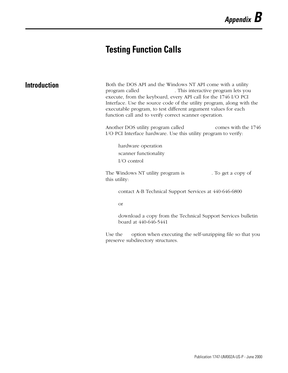 B - testing function calls, Introduction, Appendix b | Testing function calls, Appendix | Rockwell Automation 1747-PCIS API Software -  Open Controller User Manual | Page 147 / 174