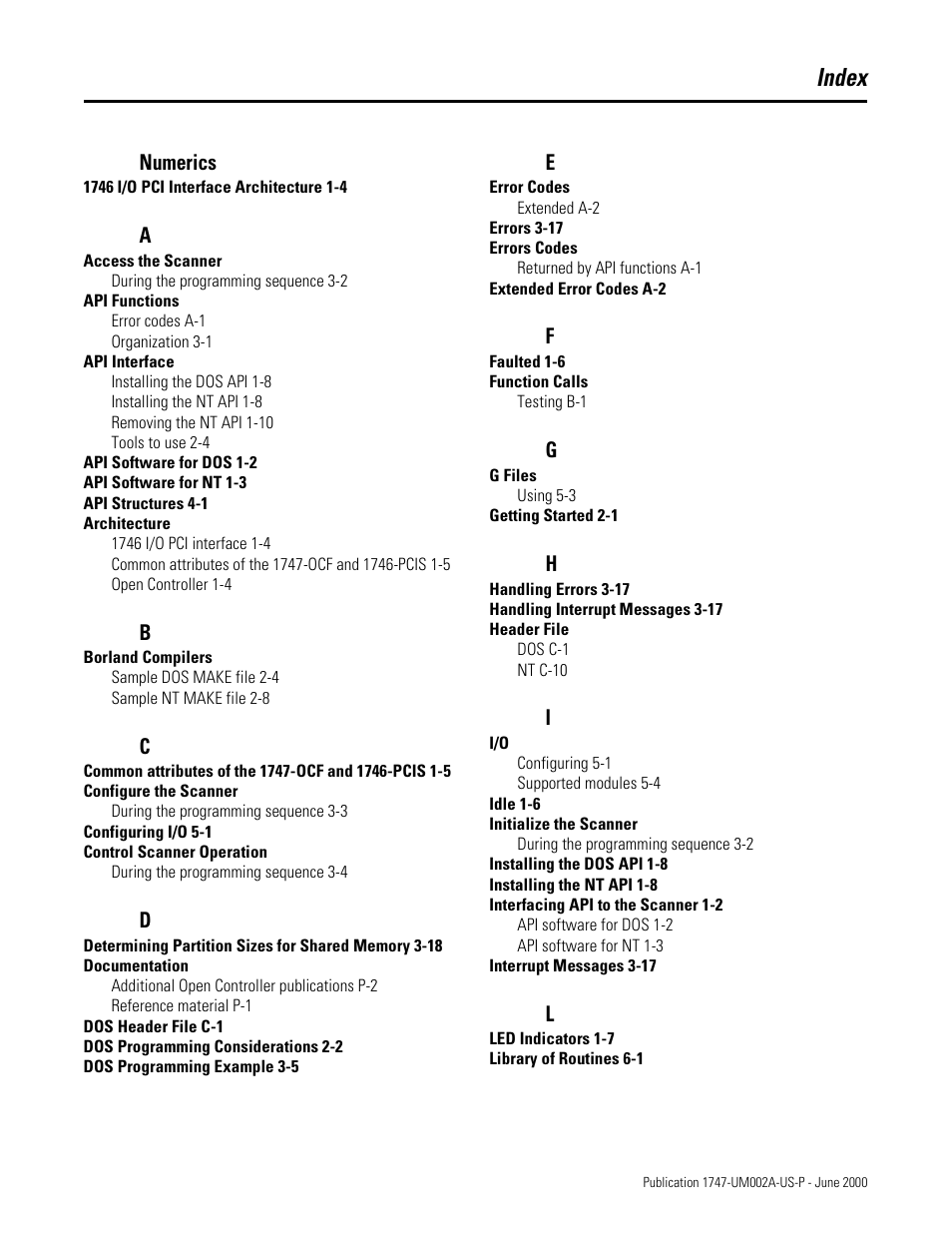 Index | Rockwell Automation 1747-PCIS API Software -  Open Controller User Manual | Page 167 / 174