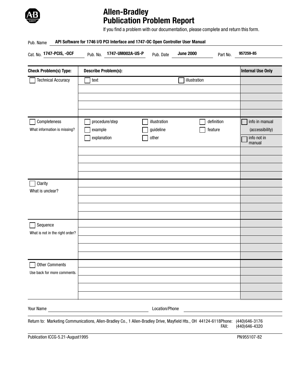 Publication problem report, Allen-bradley publication problem report | Rockwell Automation 1747-PCIS API Software -  Open Controller User Manual | Page 171 / 174