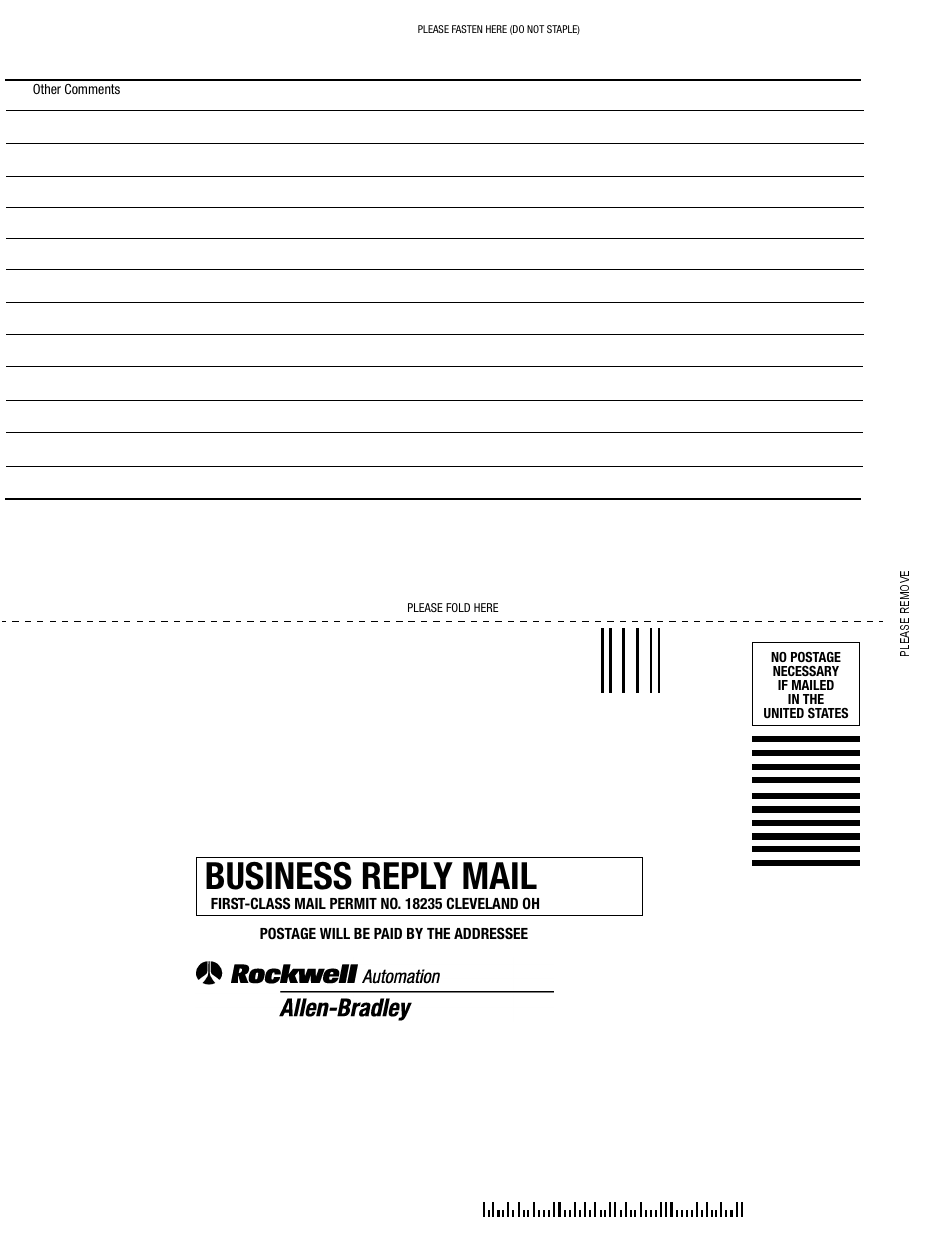 Business reply mail | Rockwell Automation 1747-PCIS API Software -  Open Controller User Manual | Page 172 / 174