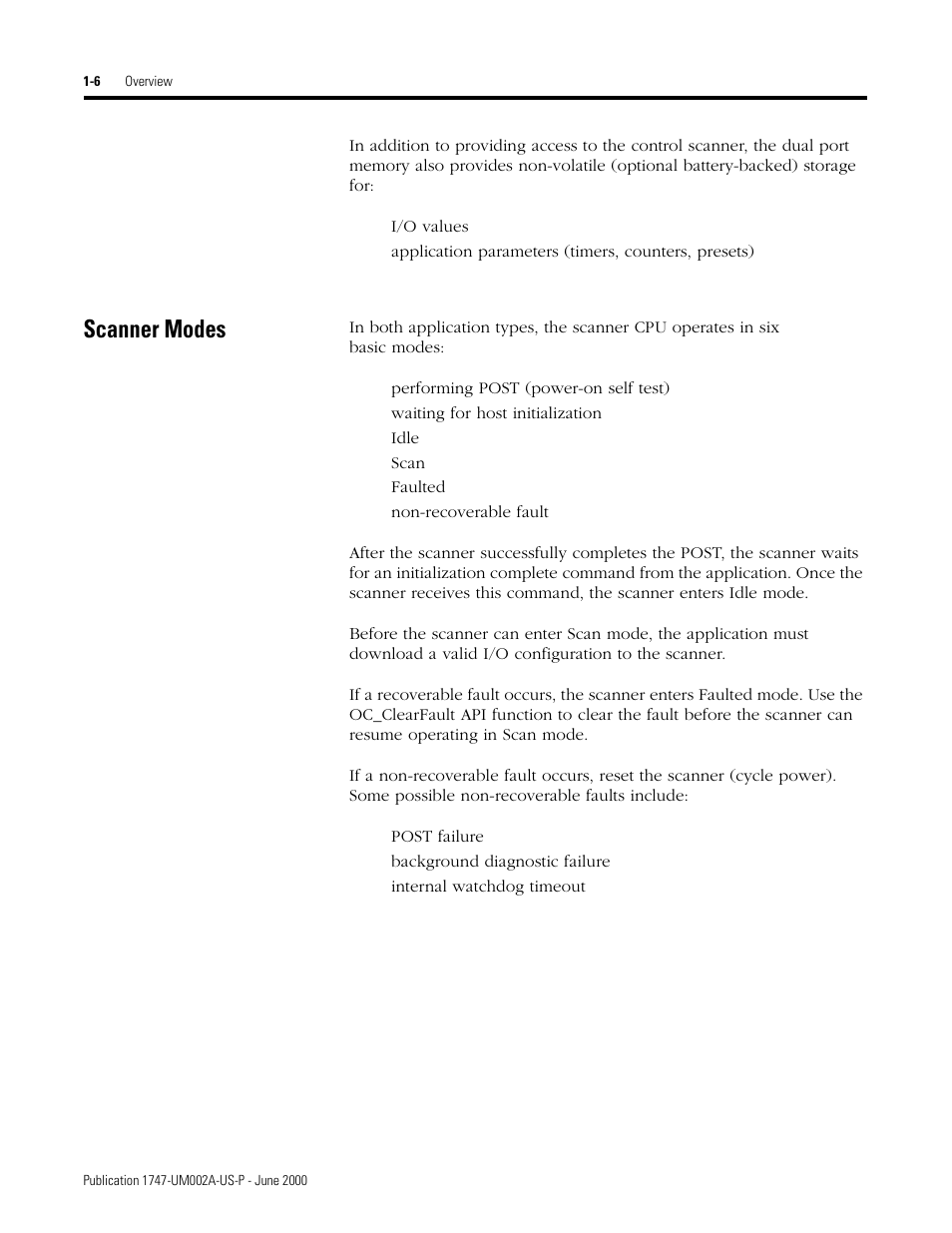 Scanner modes, Scanner modes -6 | Rockwell Automation 1747-PCIS API Software -  Open Controller User Manual | Page 18 / 174