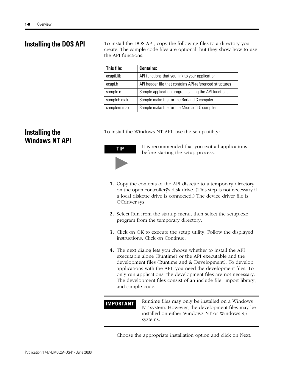 Installing the dos api, Installing the windows nt api | Rockwell Automation 1747-PCIS API Software -  Open Controller User Manual | Page 20 / 174