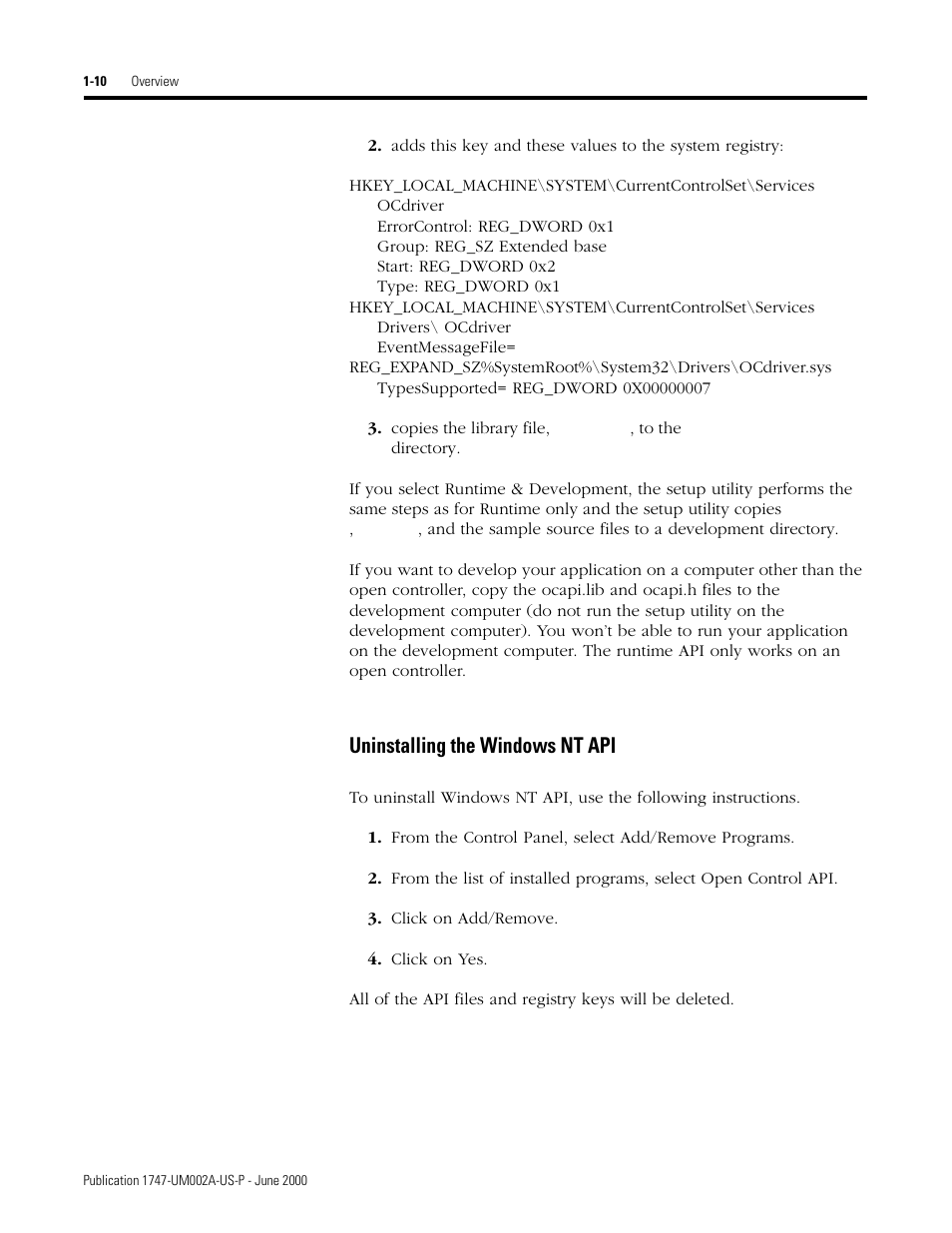 Uninstalling the windows nt api -10, Uninstalling the windows nt api | Rockwell Automation 1747-PCIS API Software -  Open Controller User Manual | Page 22 / 174