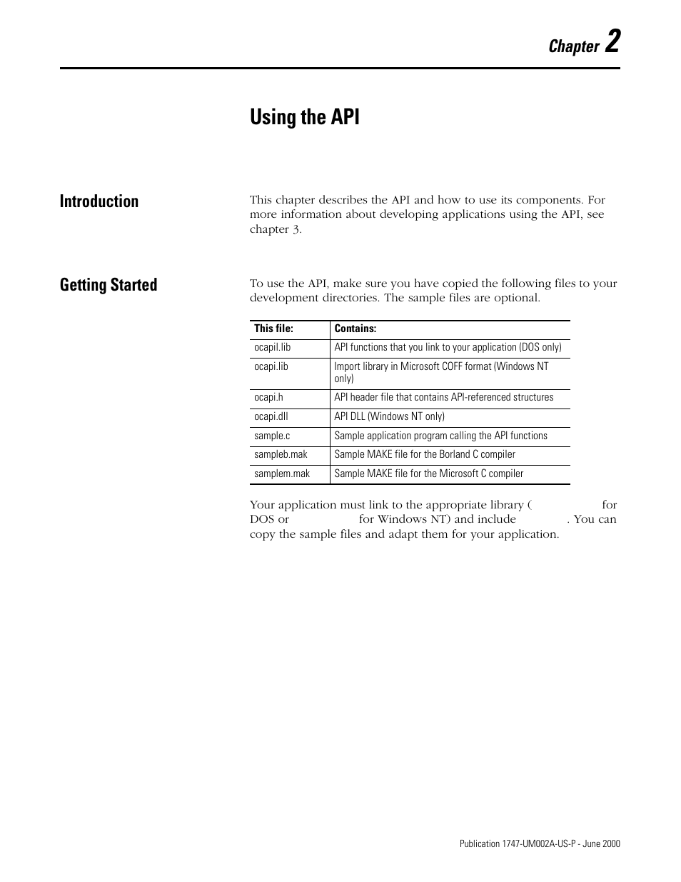 2 - using the api, Introduction, Getting started | Chapter 2, Using the api, Introduction -1 getting started -1, Chapter | Rockwell Automation 1747-PCIS API Software -  Open Controller User Manual | Page 23 / 174