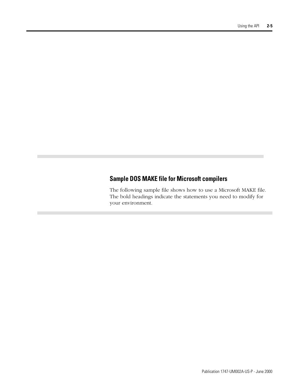 Sample dos make file for microsoft compilers -5, Sample dos make file for microsoft compilers | Rockwell Automation 1747-PCIS API Software -  Open Controller User Manual | Page 27 / 174