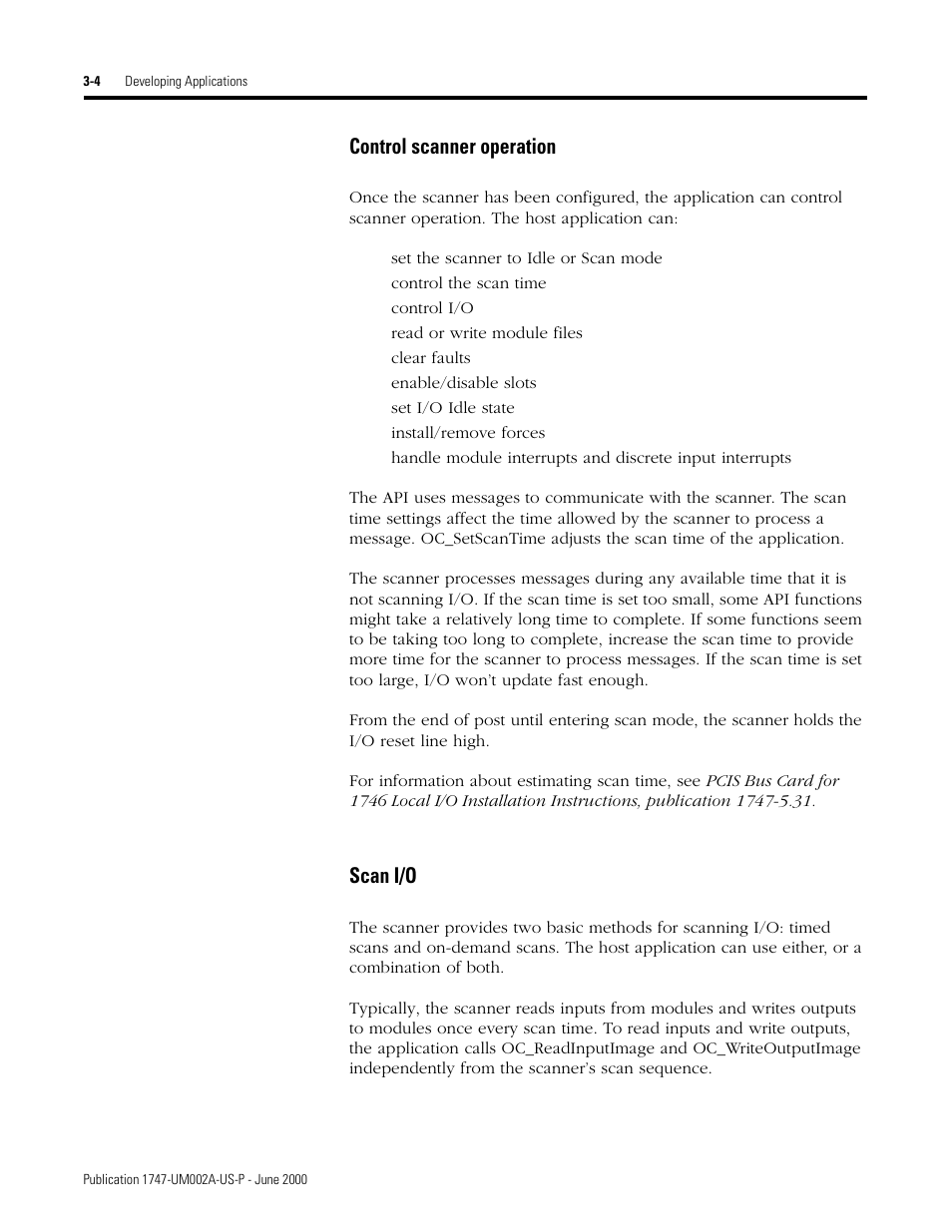 Control scanner operation -4 scan i/o -4, Control scanner operation, Scan i/o | Rockwell Automation 1747-PCIS API Software -  Open Controller User Manual | Page 36 / 174