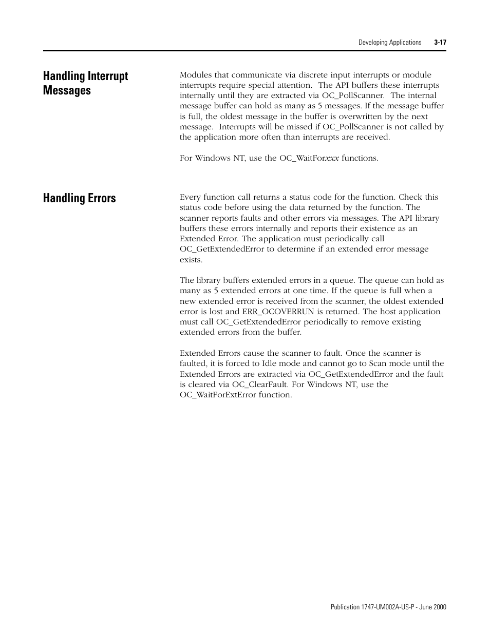 Handling interrupt messages, Handling errors | Rockwell Automation 1747-PCIS API Software -  Open Controller User Manual | Page 49 / 174