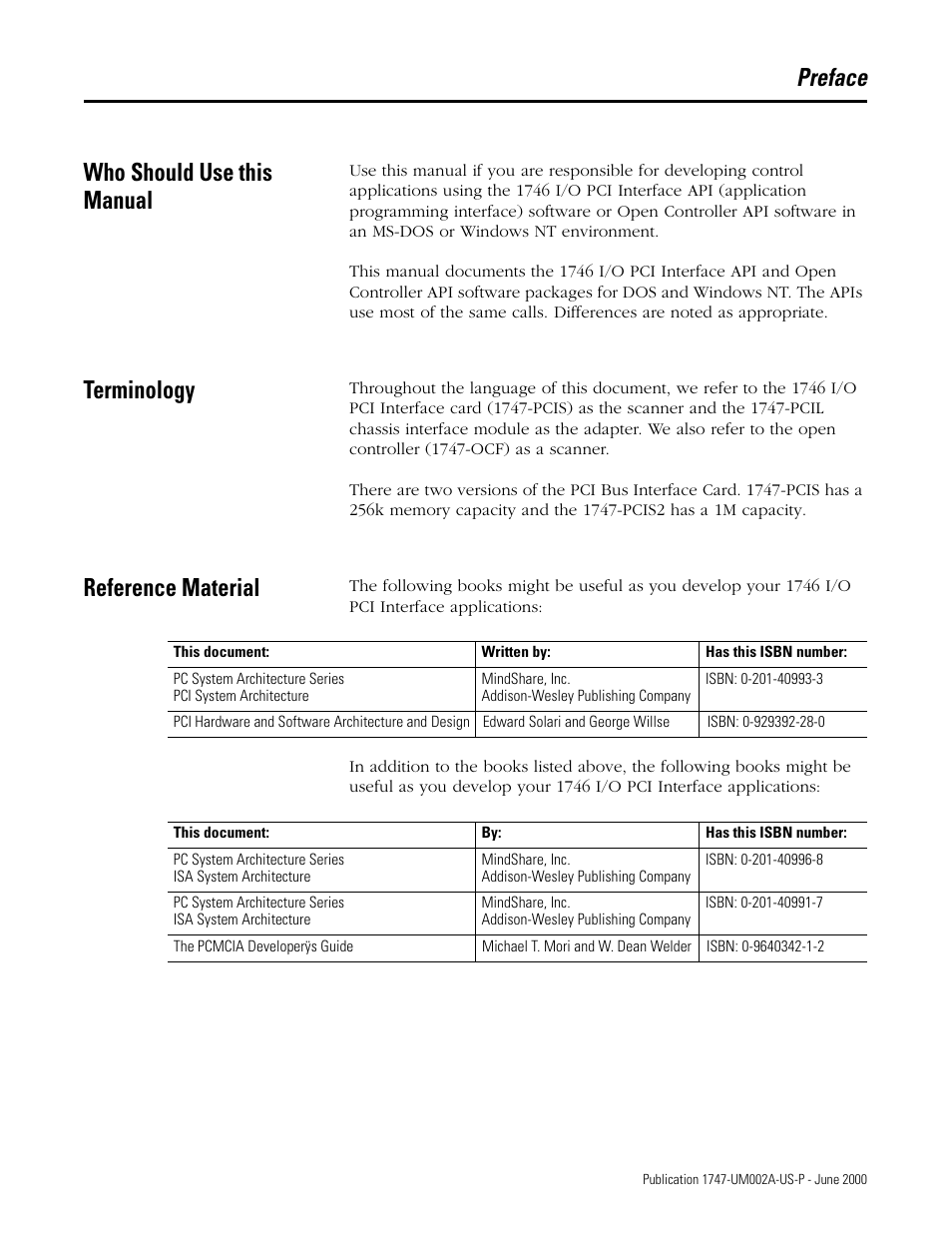 Preface, Who should use this manual, Terminology | Reference material | Rockwell Automation 1747-PCIS API Software -  Open Controller User Manual | Page 5 / 174