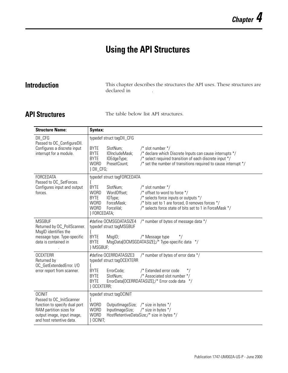 4 - using the api structures, Introduction, Api structures | Chapter 4, Using the api structures, Introduction -1 api structures -1, Chapter | Rockwell Automation 1747-PCIS API Software -  Open Controller User Manual | Page 53 / 174