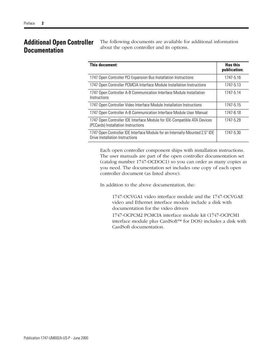 Additional open controller documentation | Rockwell Automation 1747-PCIS API Software -  Open Controller User Manual | Page 6 / 174