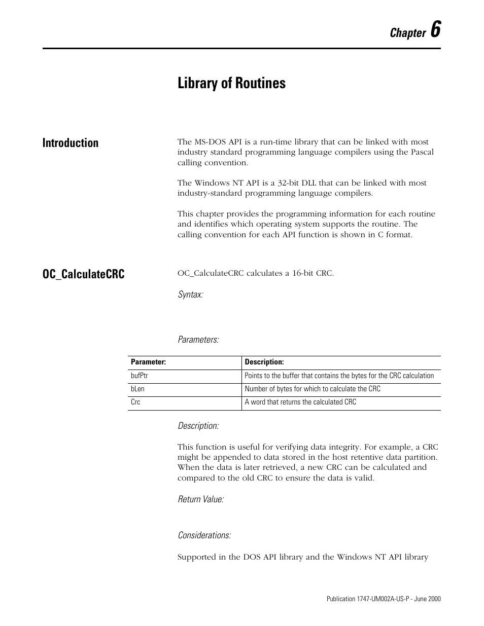 6 - library of routines, Introduction, Oc_calculatecrc | Chapter 6, Library of routines, Introduction -1 oc_calculatecrc -1, Chapter | Rockwell Automation 1747-PCIS API Software -  Open Controller User Manual | Page 61 / 174