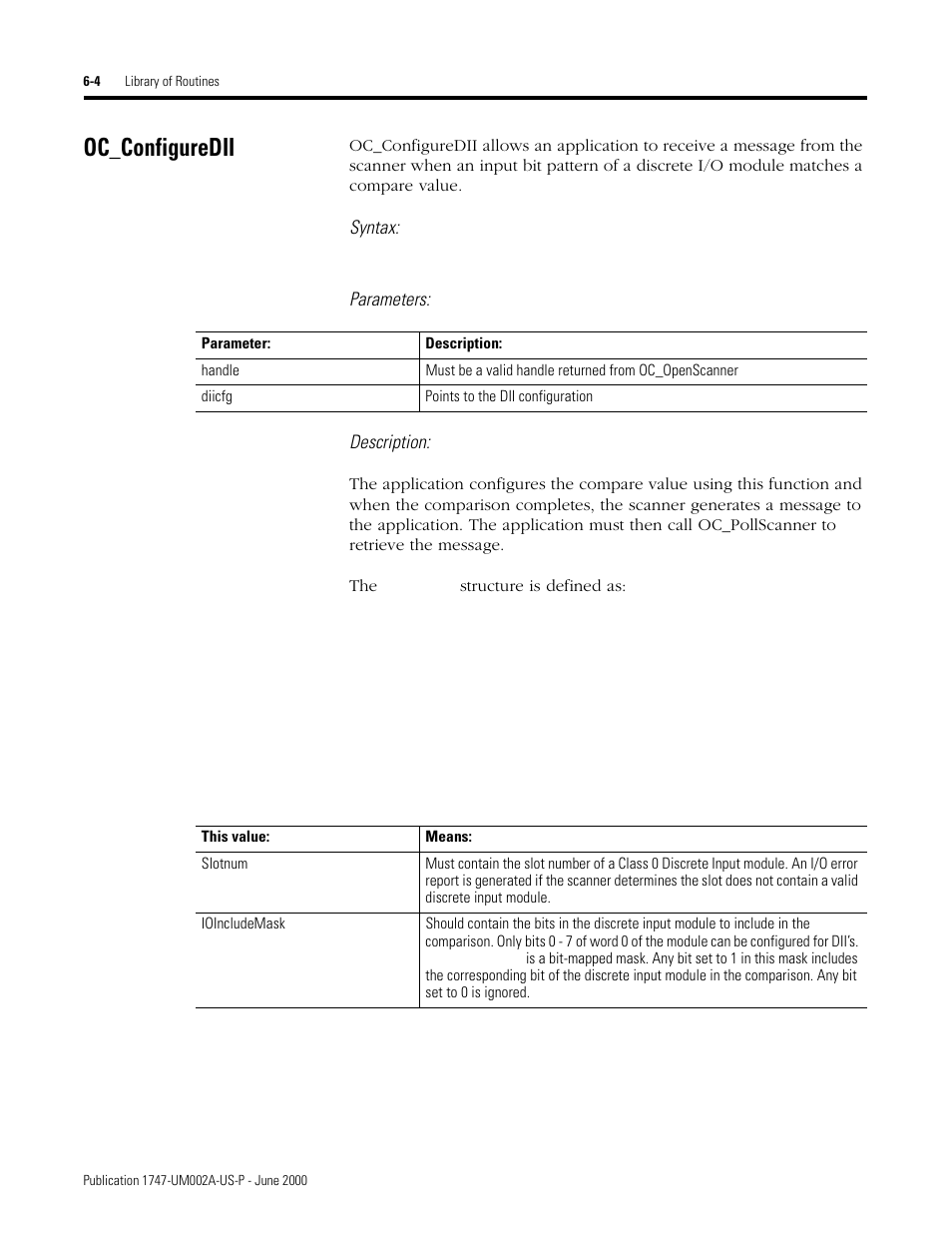 Oc_configuredii, Oc_configuredii -4, Syntax | Parameters: description | Rockwell Automation 1747-PCIS API Software -  Open Controller User Manual | Page 64 / 174