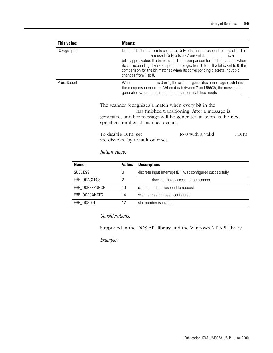 Return value: considerations, Example | Rockwell Automation 1747-PCIS API Software -  Open Controller User Manual | Page 65 / 174