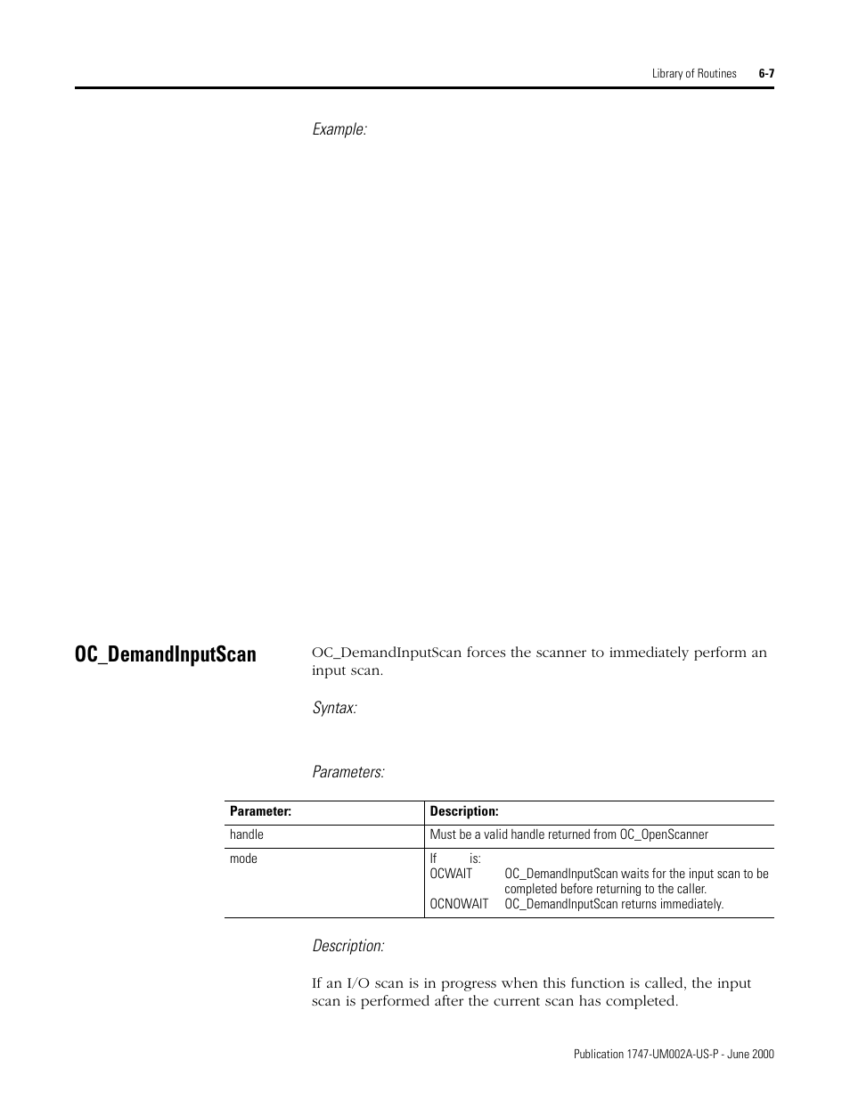 Oc_demandinputscan, Oc_demandinputscan -7, Example | Syntax, Parameters: description | Rockwell Automation 1747-PCIS API Software -  Open Controller User Manual | Page 67 / 174