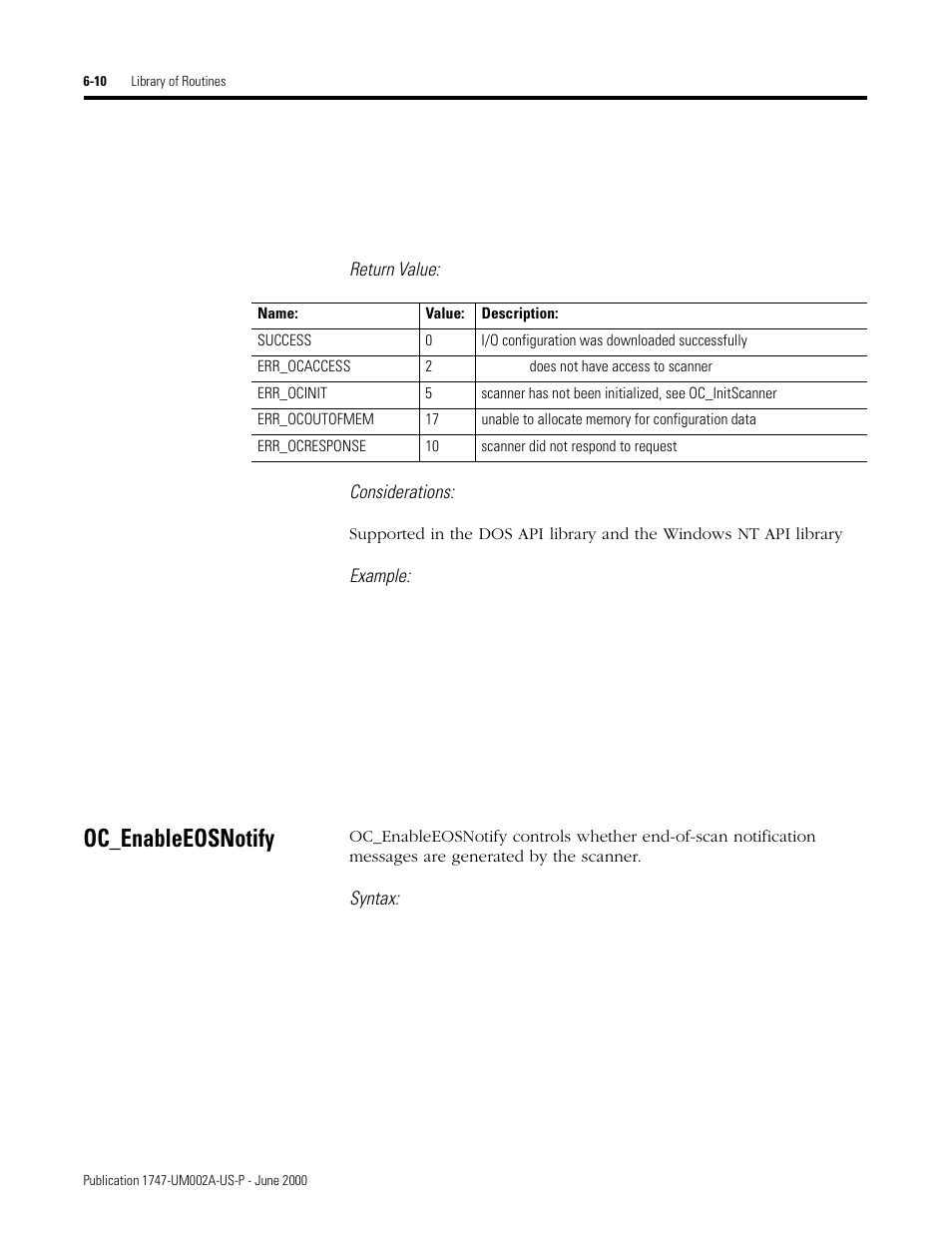 Oc_enableeosnotify, Oc_enableeosnotify -10, Return value: considerations | Example, Syntax | Rockwell Automation 1747-PCIS API Software -  Open Controller User Manual | Page 70 / 174